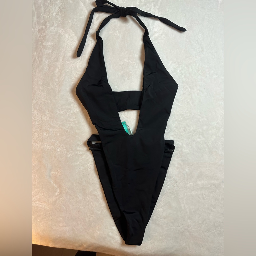 Black Deep V Halter One-Piece Swimsuit - Women Swim - Picture 6 of 6
